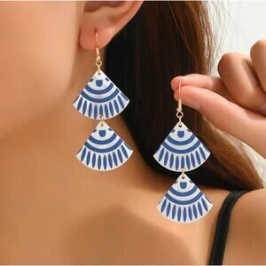 Double Fan Shaped Porcelain Look Blue Lines and White Ceramic Style Earrings